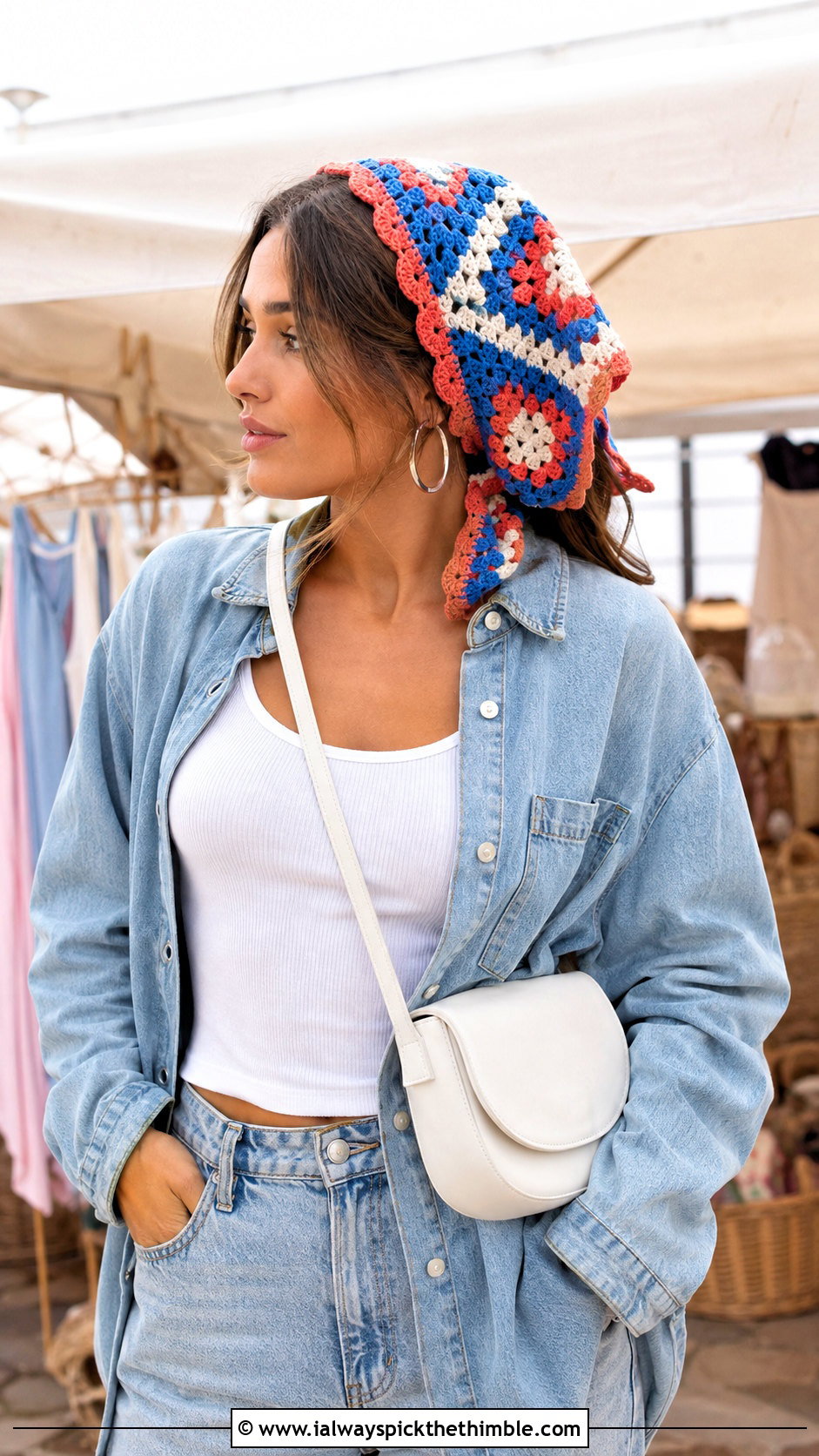 Granny Square Triangle Crochet Summer Scarf With Double Denim - 25 summer crochet scarf outfit ideas