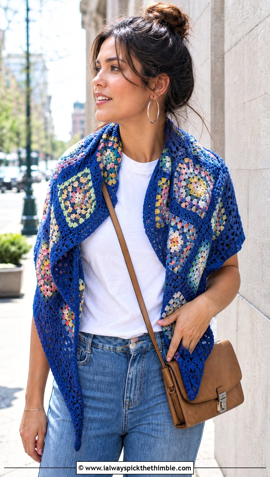 Granny Square Triangle Crocheted Shawl With Straight Leg Jeans - 20 Crocheted Shawl outfit ideas