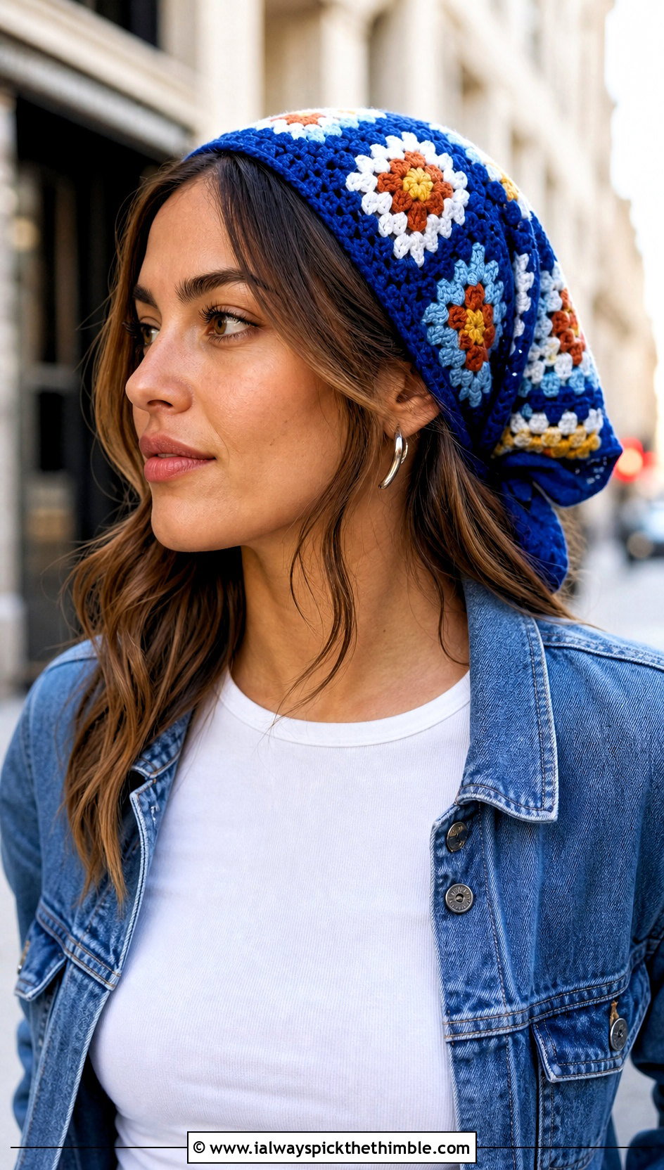 Granny Square Triangle Head Scarf With Denim Jacket - 20 Crochet Boho Head Scarf outfit ideas