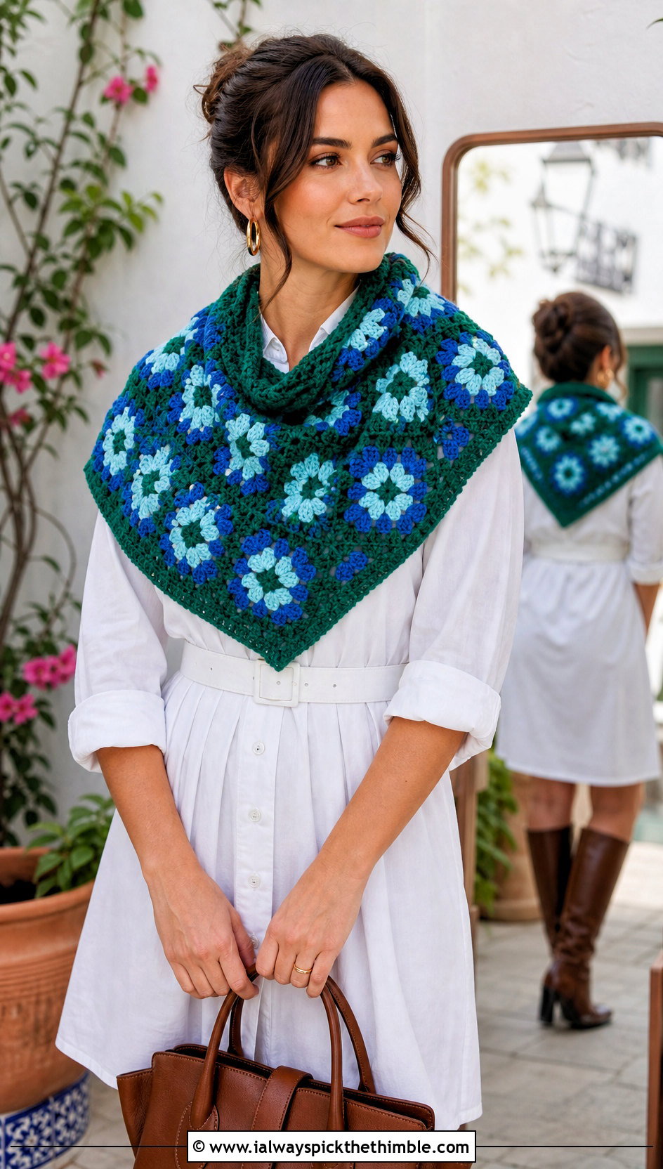 Granny Square Triangle Scarf With Shirt Dress - 25 granny square crochet scarf outfit ideas