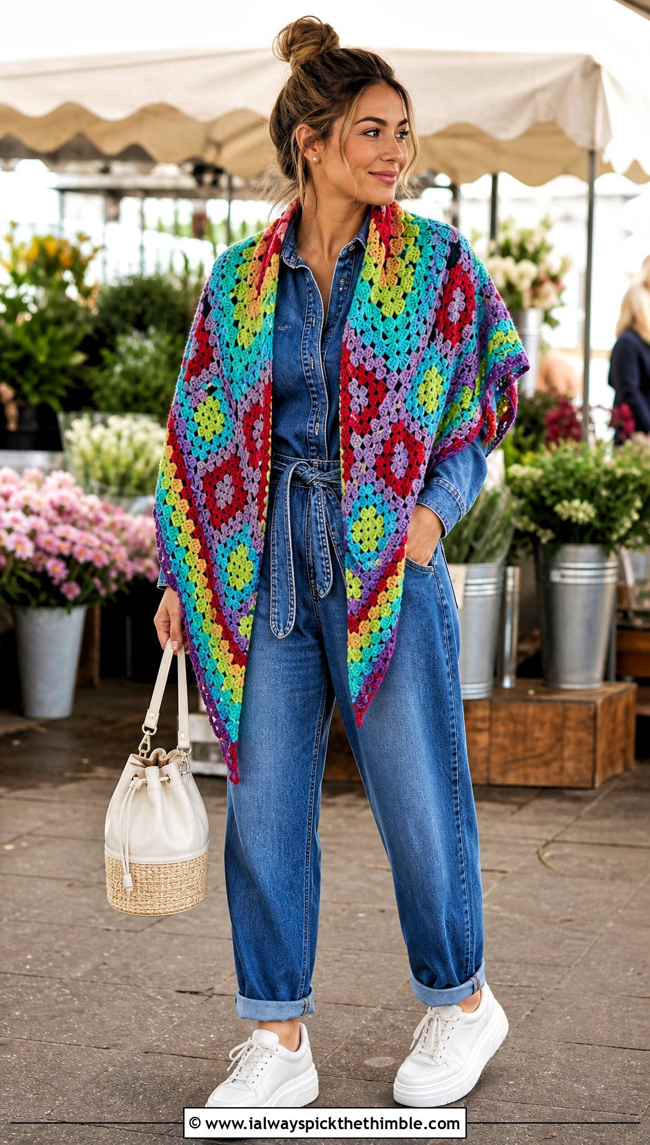 Granny Square Triangle Shawl With Denim Jumpsuit - 25 crochet wrap shawl outfit ideas