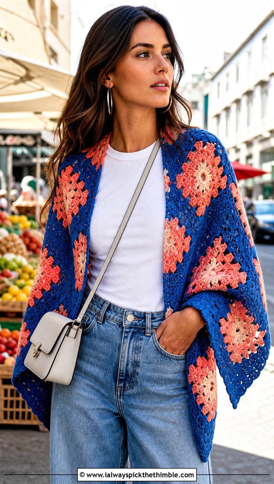 Granny Square Triangle Shawl With Wide Leg Jeans - 20 boho crochet shawl outfit ideas