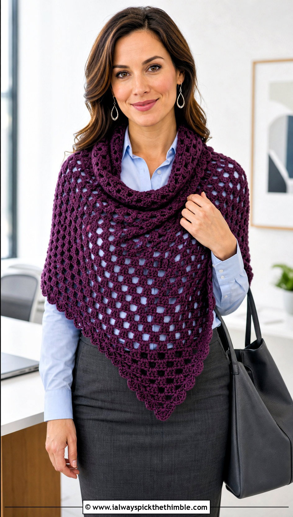 Granny Square Triangle Shawlette With Button Down Shirt And Pencil Skirt - 20 granny square triangle shawl outfit ideas