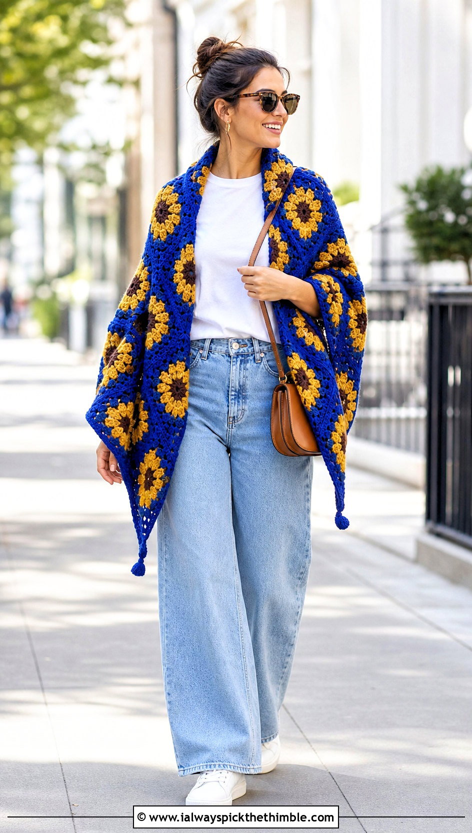 Granny Square Triangle Sunflower Crochet Shawl With Wide Leg Jeans - 20 Sunflower Crochet Shawl outfit ideas