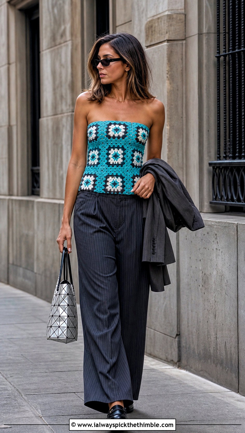 Granny Square Tube Top With Pinstripe Trousers - 25 granny square top outfit ideas