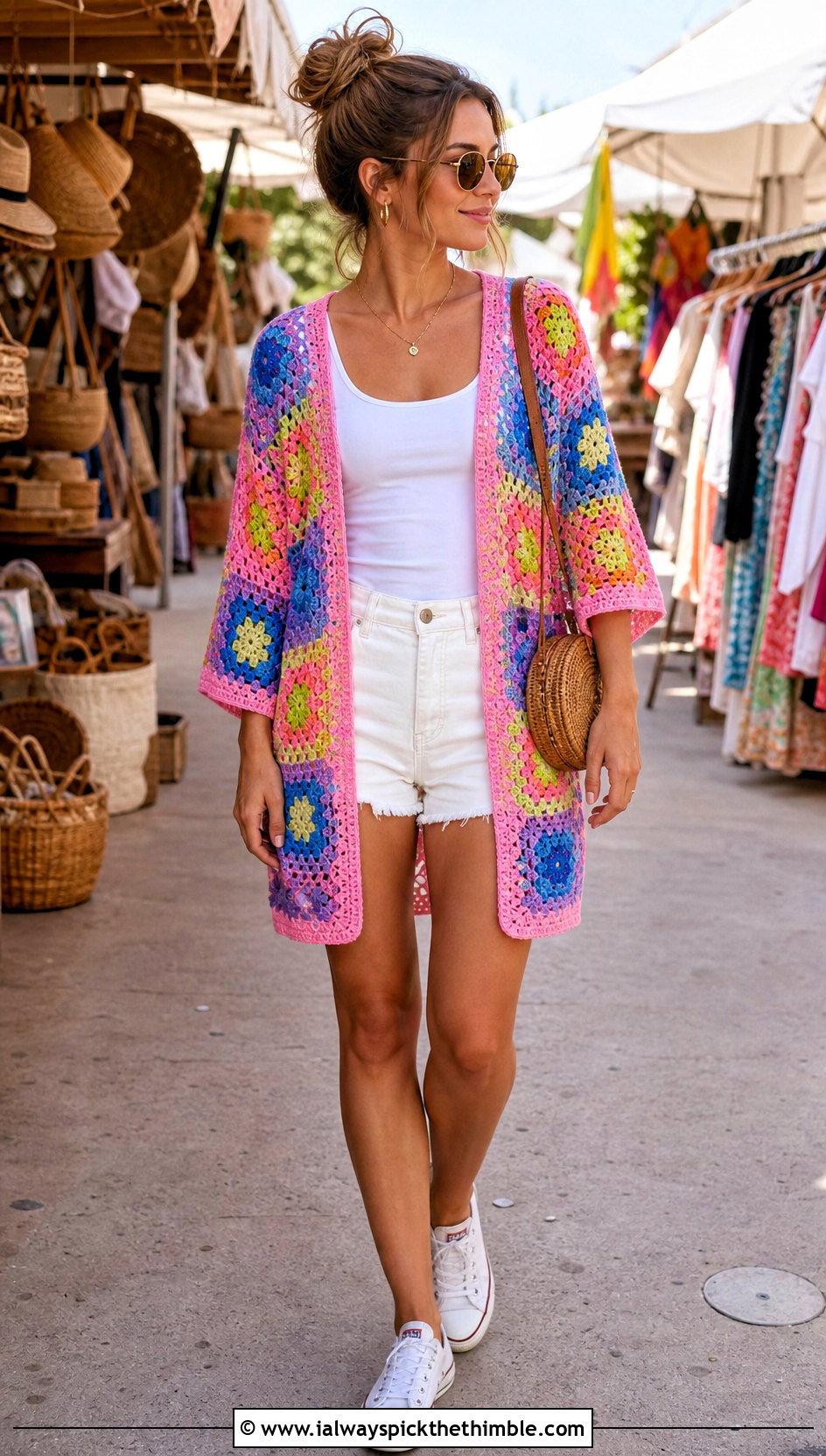 Granny Square Tunic Crochet Cover Up With Denim Shorts - 25 crochet cover up outfit ideas