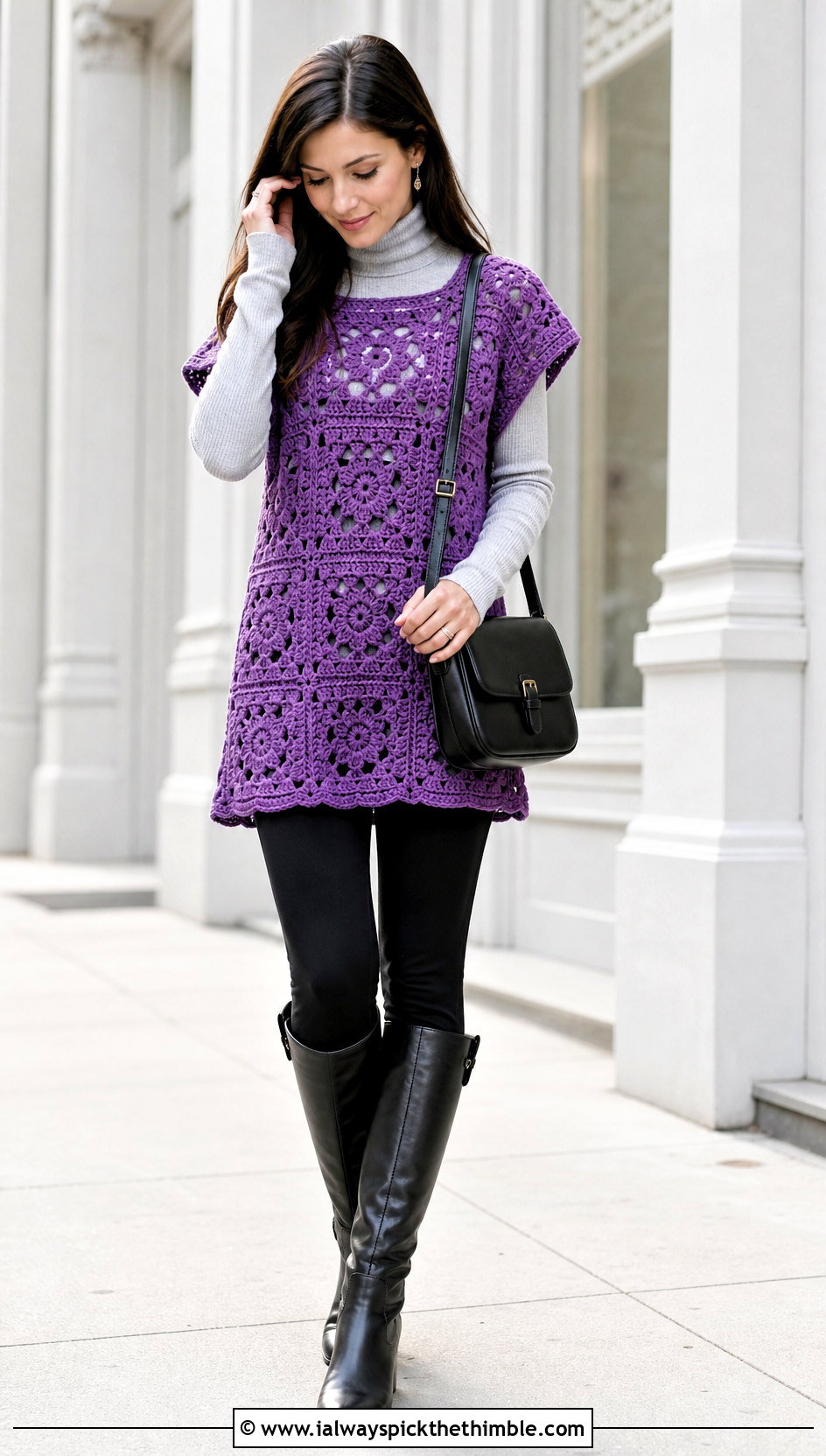 Granny Square Tunic Top With Leggings - 20 Square Crochet Top outfit ideas