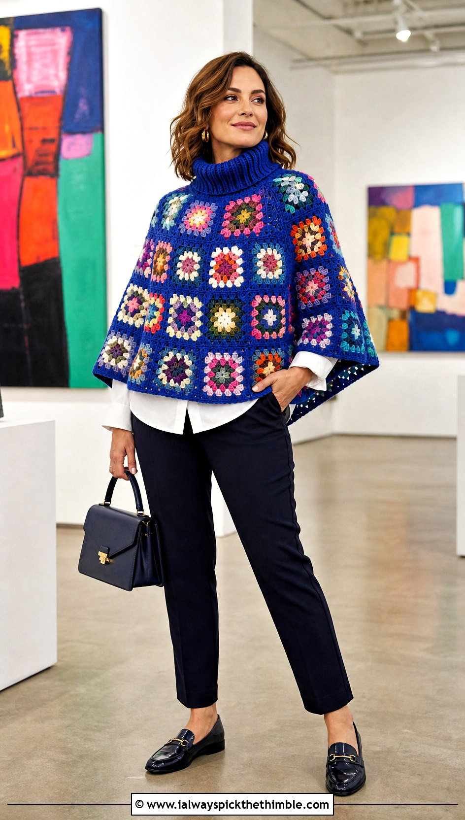 Granny Square Turtle Neck Crochet Poncho With Tailored Trousers - 20 Turtle Neck Crochet Poncho outfit ideas