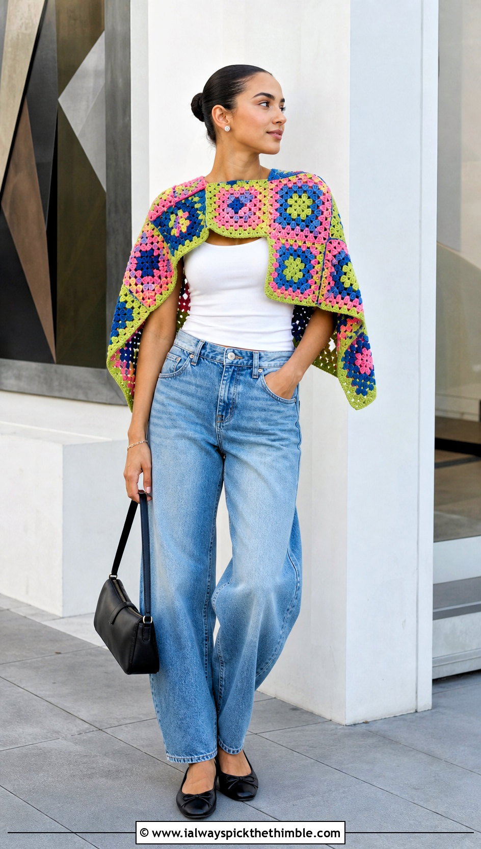 Granny Square Uptown Crochet Poncho With Barrel Jeans - 15 Uptown Crochet Poncho outfit ideas