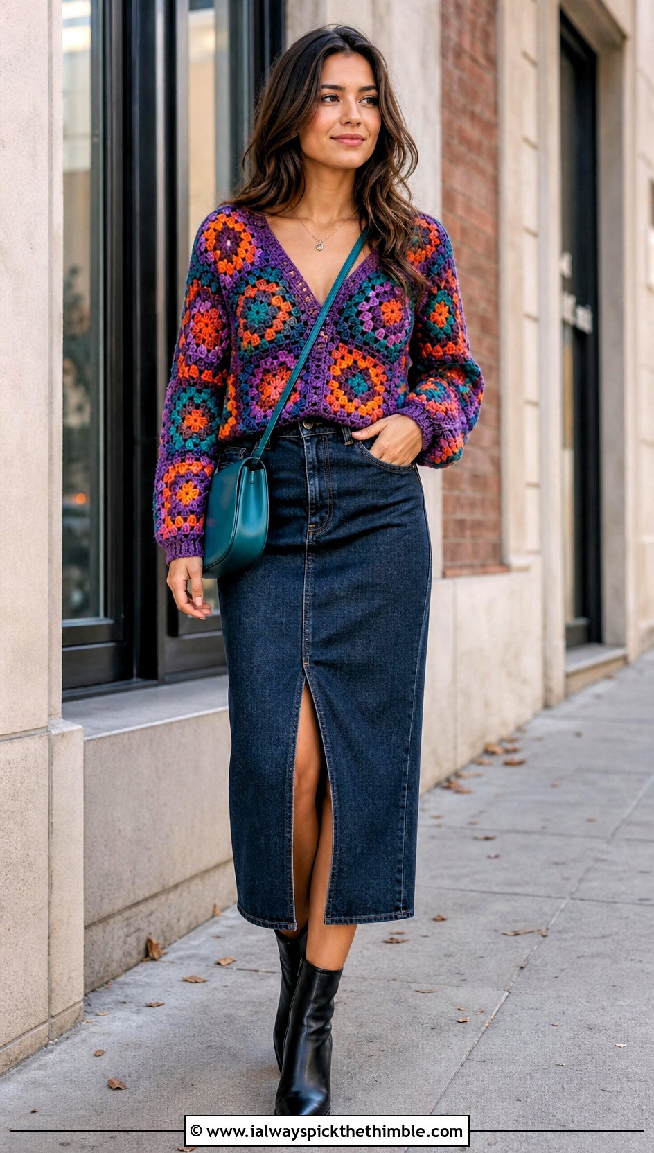 Granny Square V Neck Crochet Sweater With Denim Midi Skirt - 25 v neck crochet sweater outfit ideas
