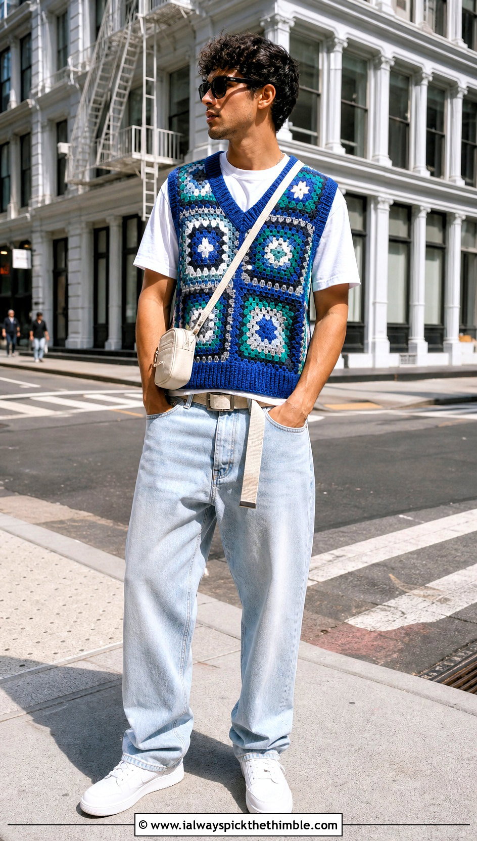 Granny Square V Neck Crochet Vest With Baggy Jeans - 25 crochet vest for men outfit ideas