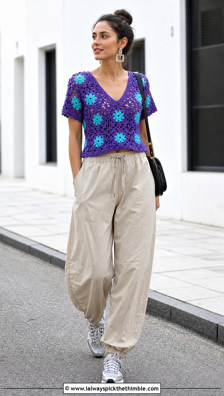 Granny Square V Neck Shirt With Parachute Pants - 25 granny square shirt outfit ideas