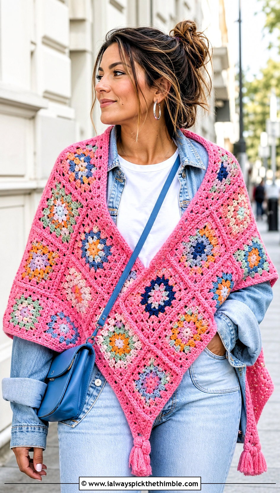 Granny Square V Shaped Crochet Shawl With Denim Jacket - 15 V Shaped Crochet Shawl outfit ideas