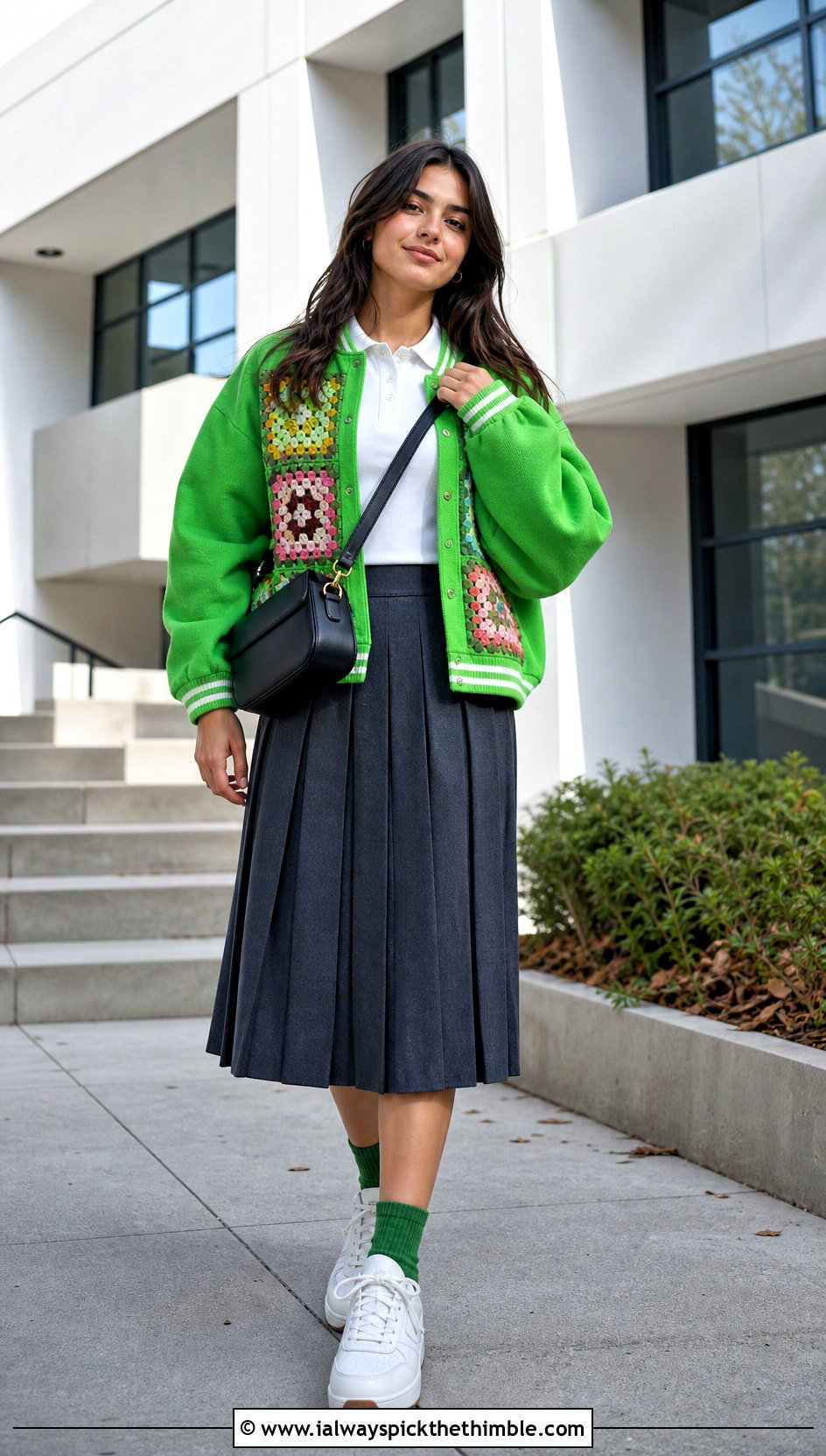 Granny Square Varsity Jacket With Pleated Skirt - 20 granny square jackets outfit ideas