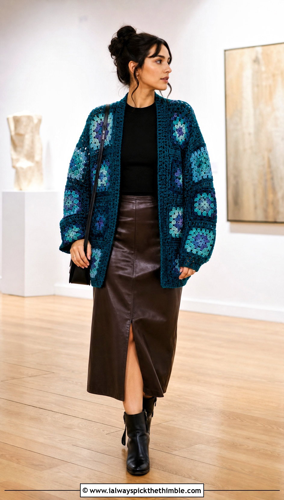 Granny Square Velvet Crochet Cardigan With Leather Skirt - 15 velvet crochet cardigan outfit ideas