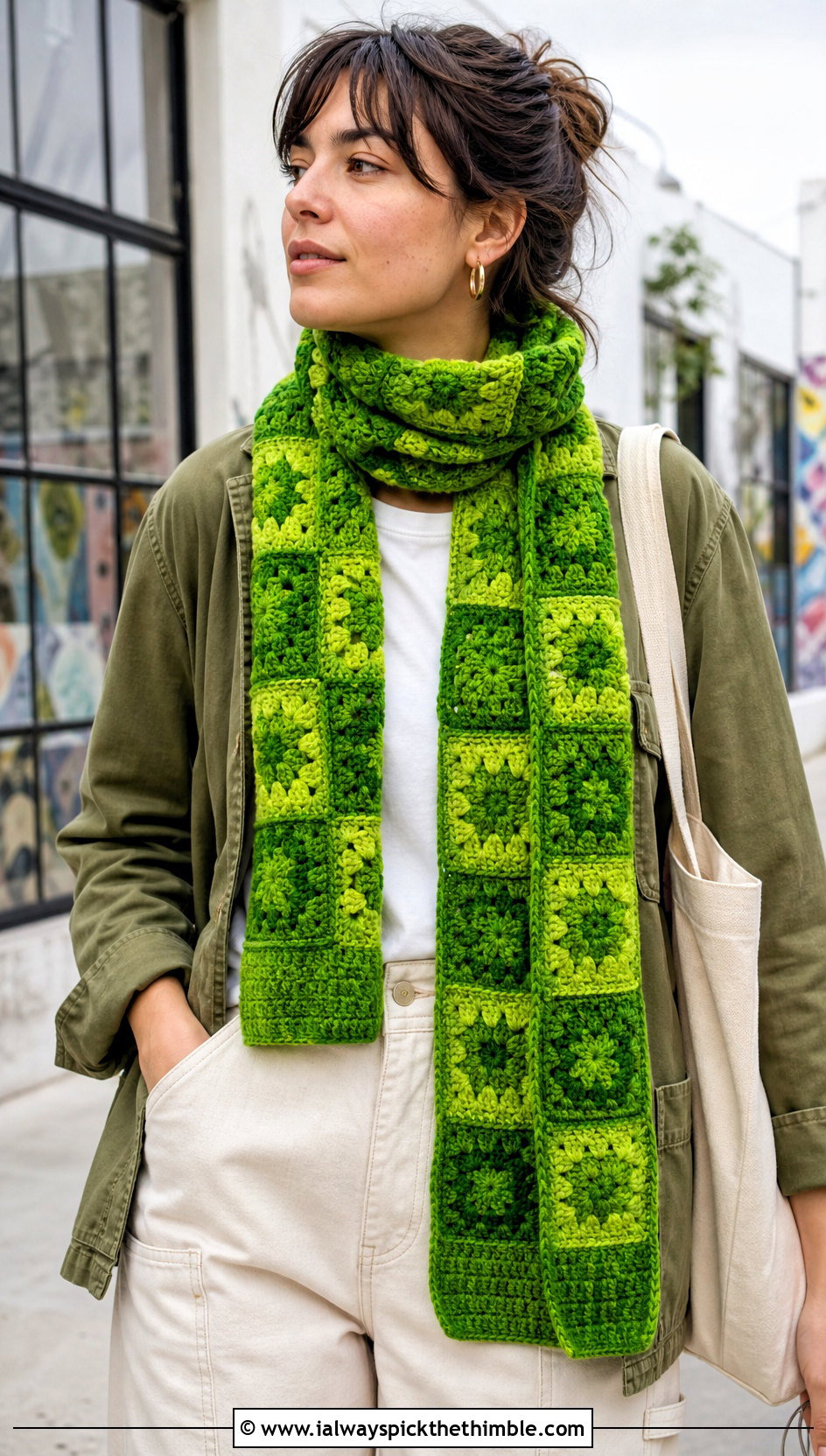 Granny Square Velvet Crochet Scarf With Utility Jacket - 20 Velvet Crochet Scarf outfit ideas