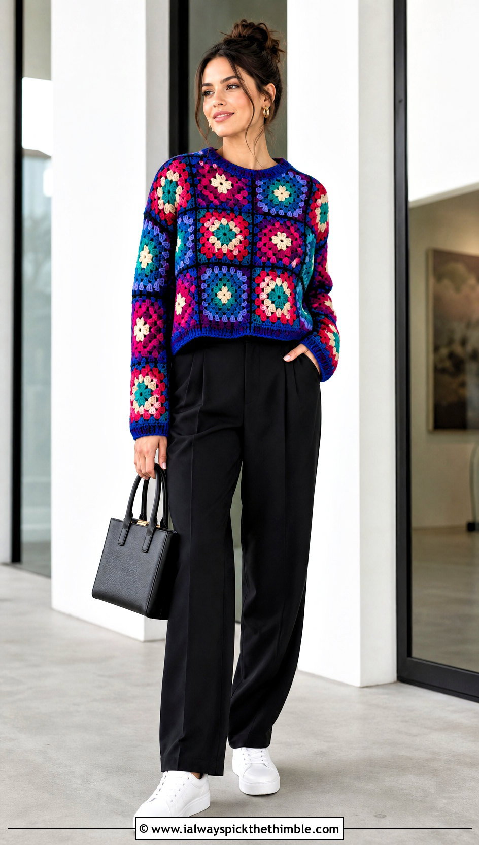 Granny Square Velvet Crochet Sweater With Pleated Trousers - 20 velvet crochet sweater outfit ideas