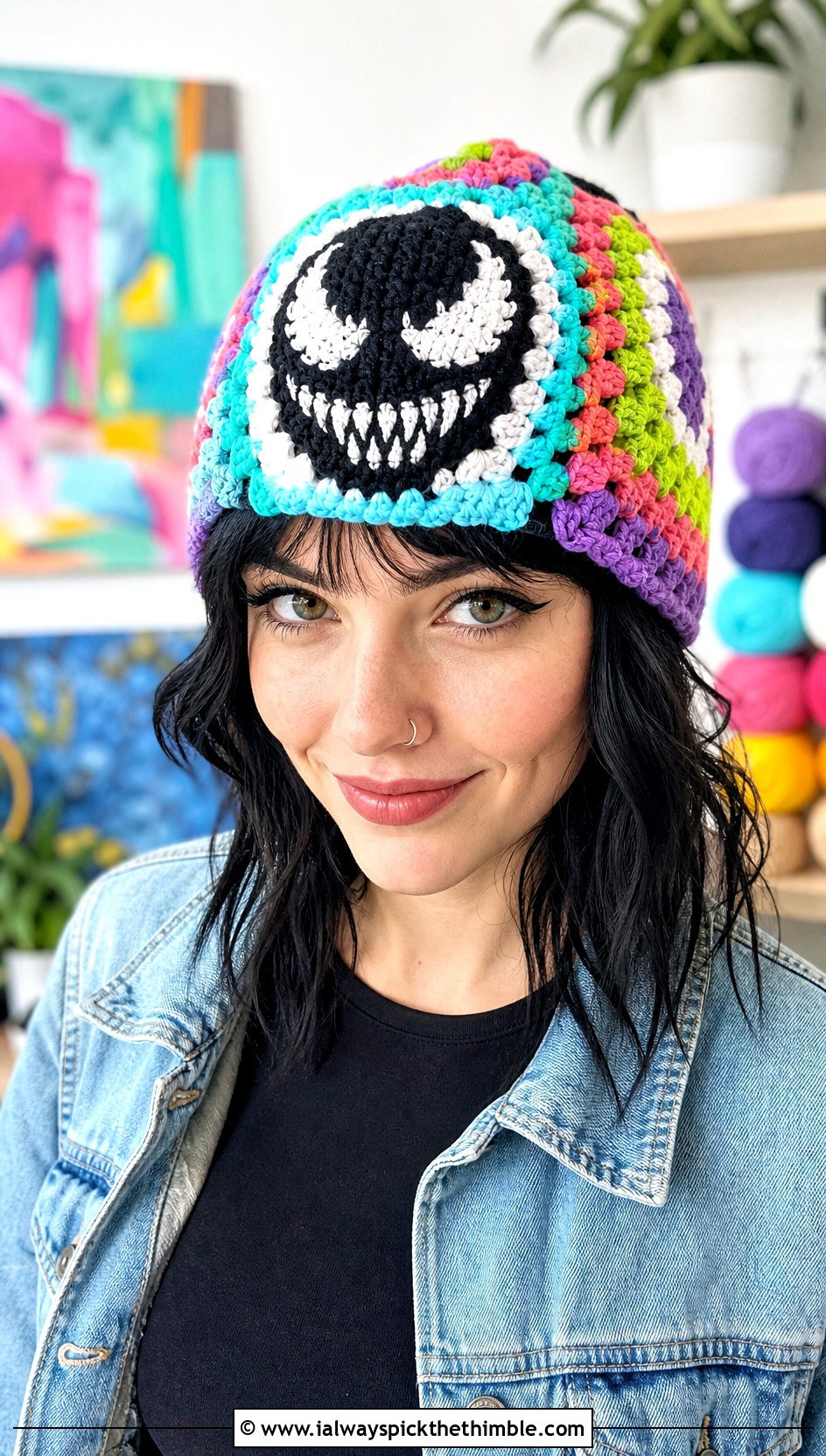 Granny Square Venom Crochet Beanie With Denim Jacket - 20 venom crochet beanie outfit ideas