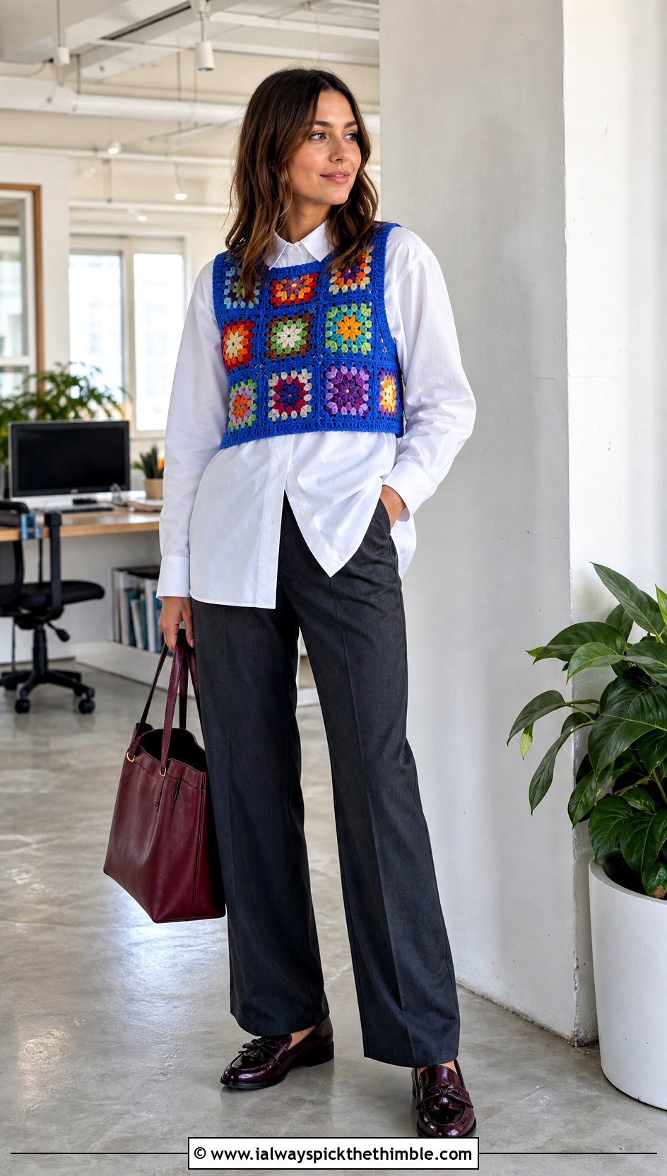 Granny Square Vest Crochet Crop Top Over A Poplin Shirt - 20 Easy Crochet Crop Top outfit ideas
