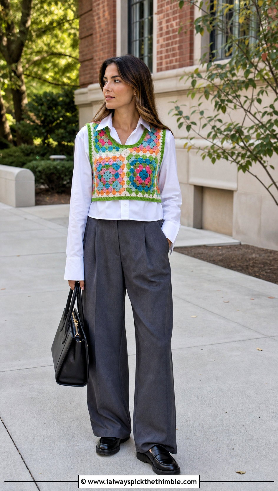 Granny Square Vest Crop Top With Poplin Shirt And Trousers - 20 simple crochet crop top outfit ideas