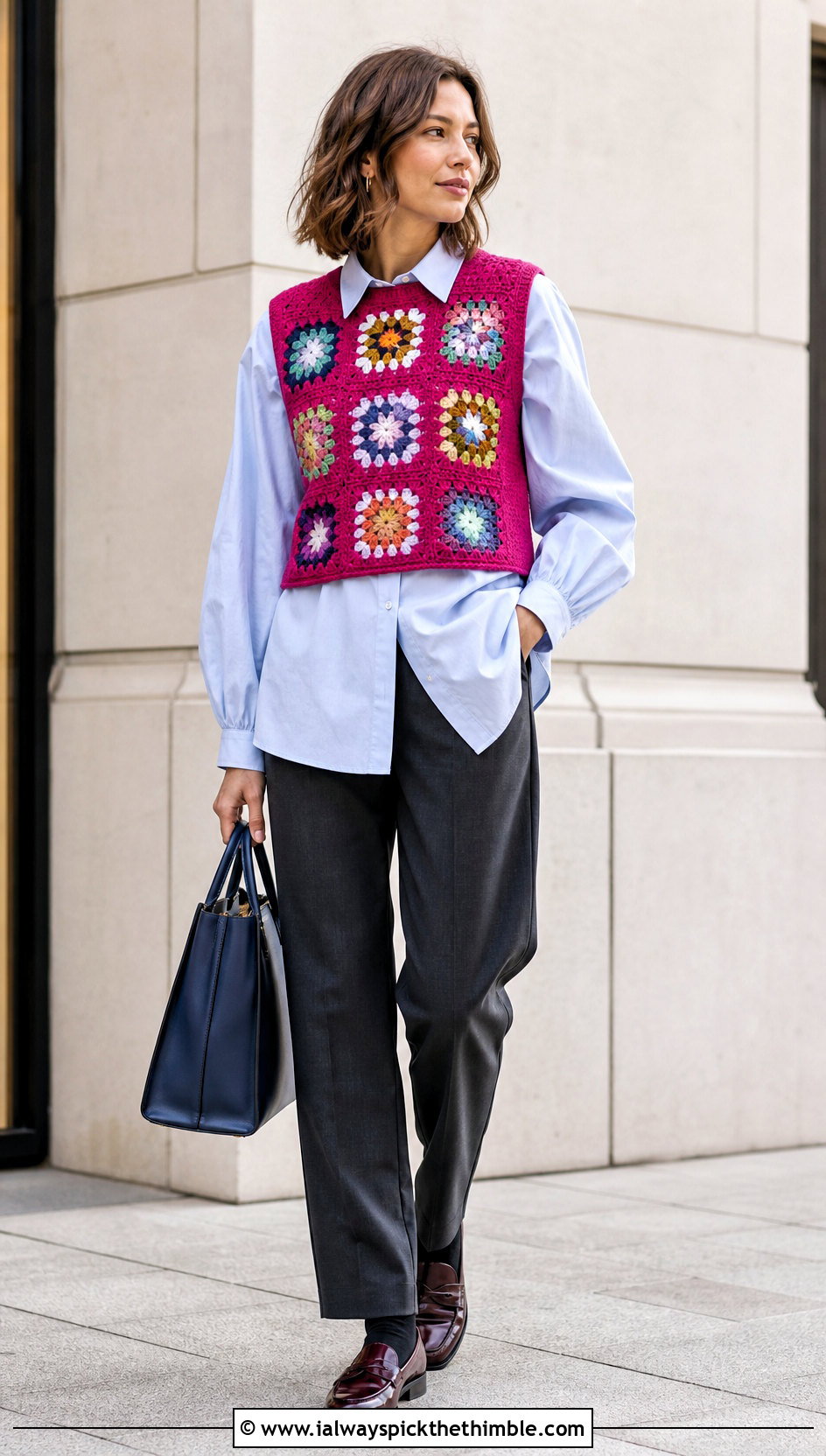 Granny Square Vest Crop Top With Poplin Shirt And Trousers - 20 quick crochet crop top outfit ideas