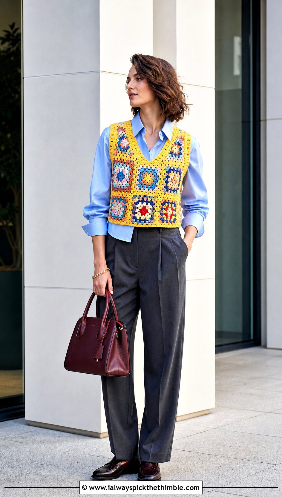 Granny Square Vest Top With Button Down And Trousers - 20 crochet fall tops outfit ideas