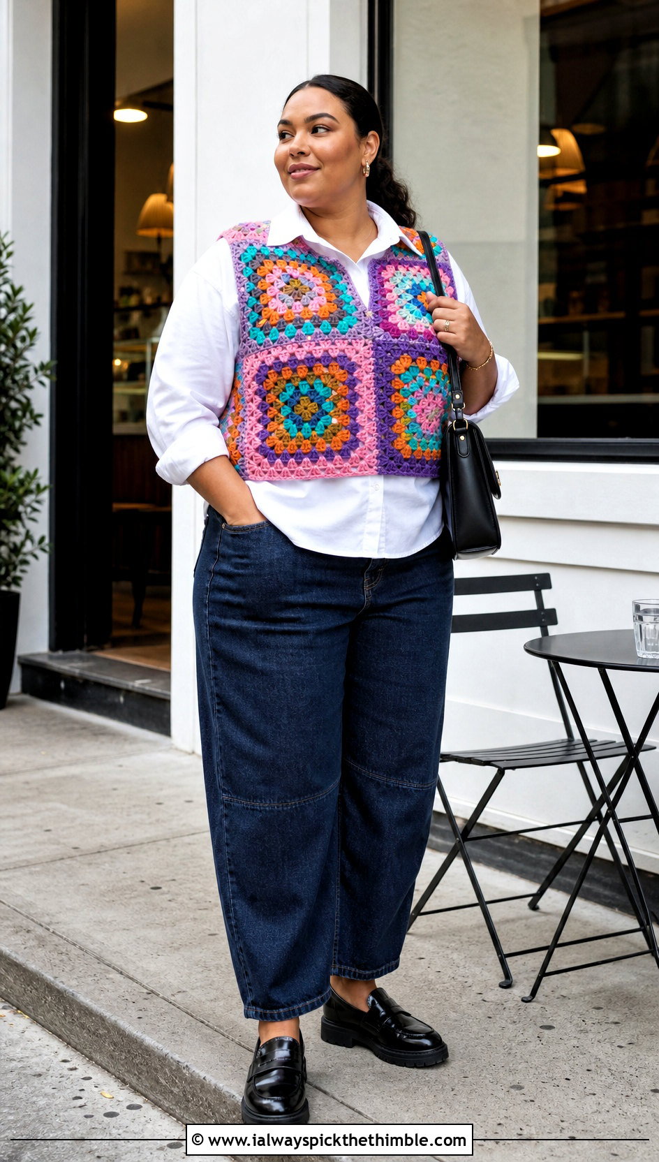 Granny Square Vest Top With Button Down Shirt - 20 crochet top for plus size women outfit ideas