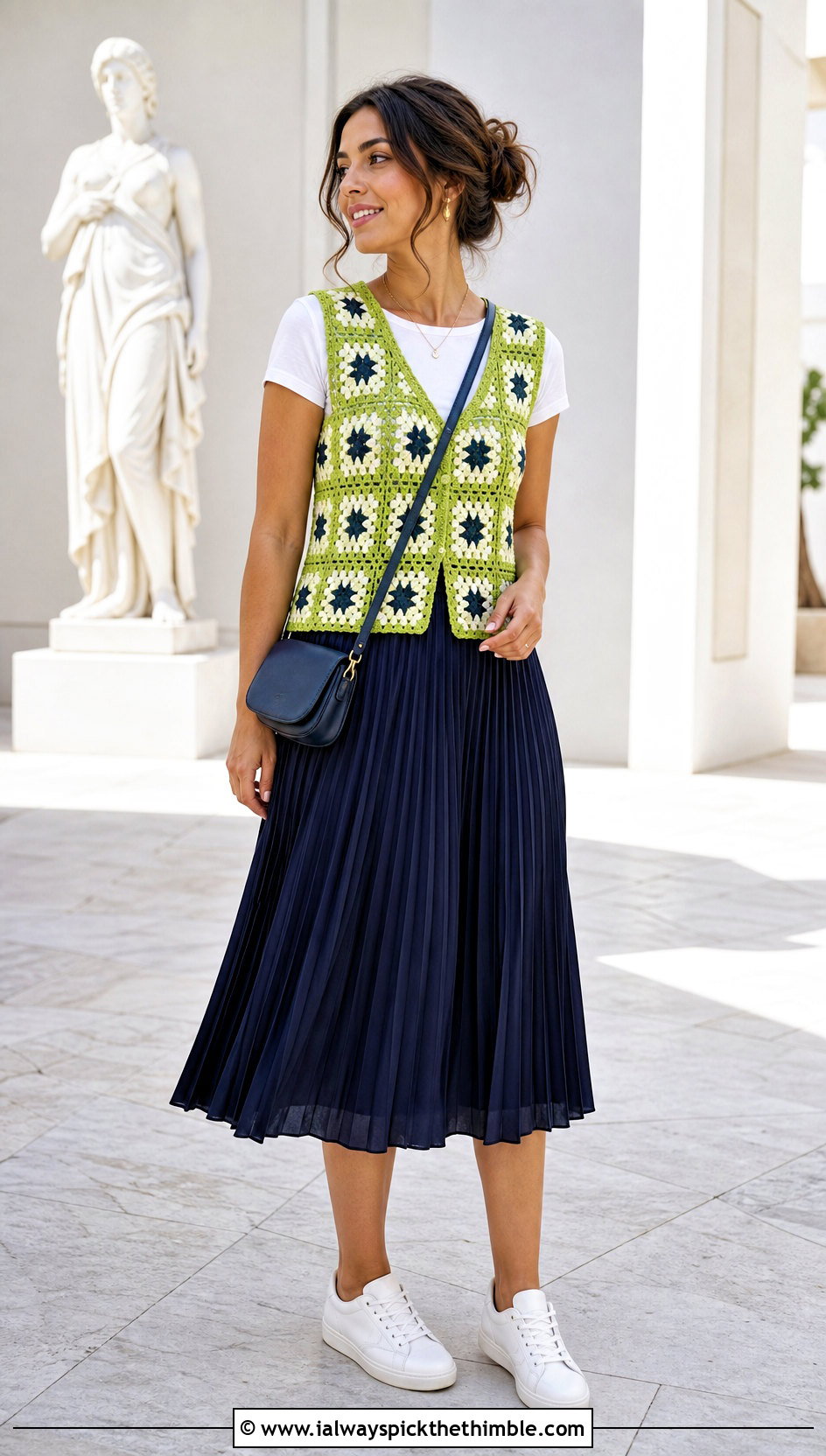 Granny Square Vest With A Pleated Midi Skirt - 20 Crochet For Beginners Clothes and outfit ideas