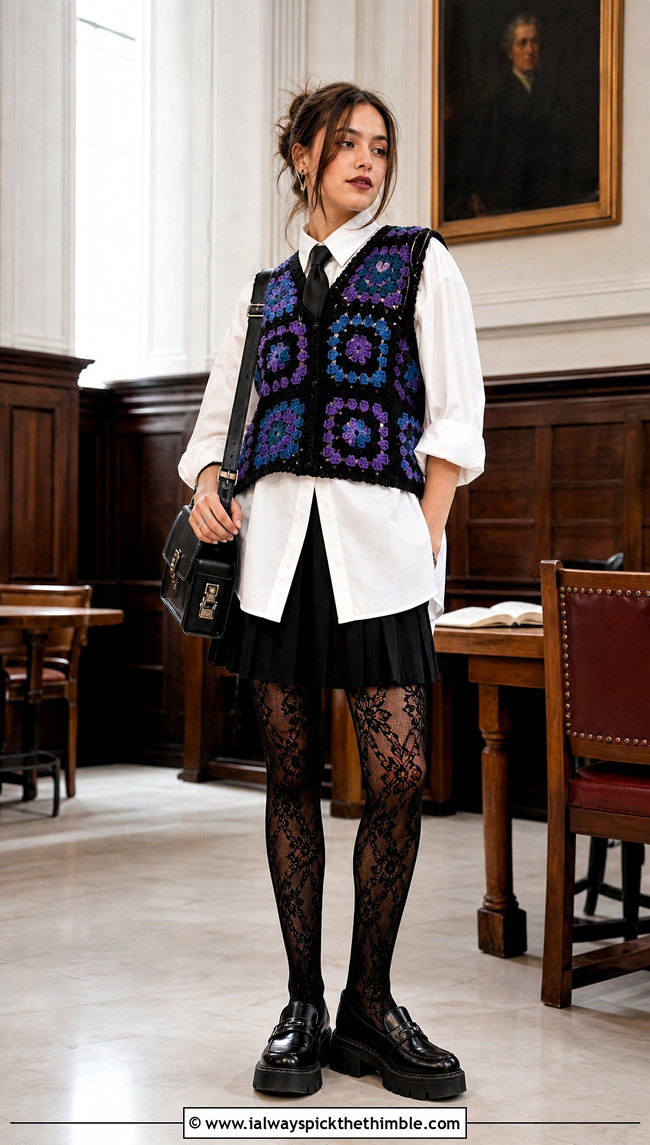 Granny Square Vest With White Shirt - 25 Crochet Goth Clothes and outfit ideas