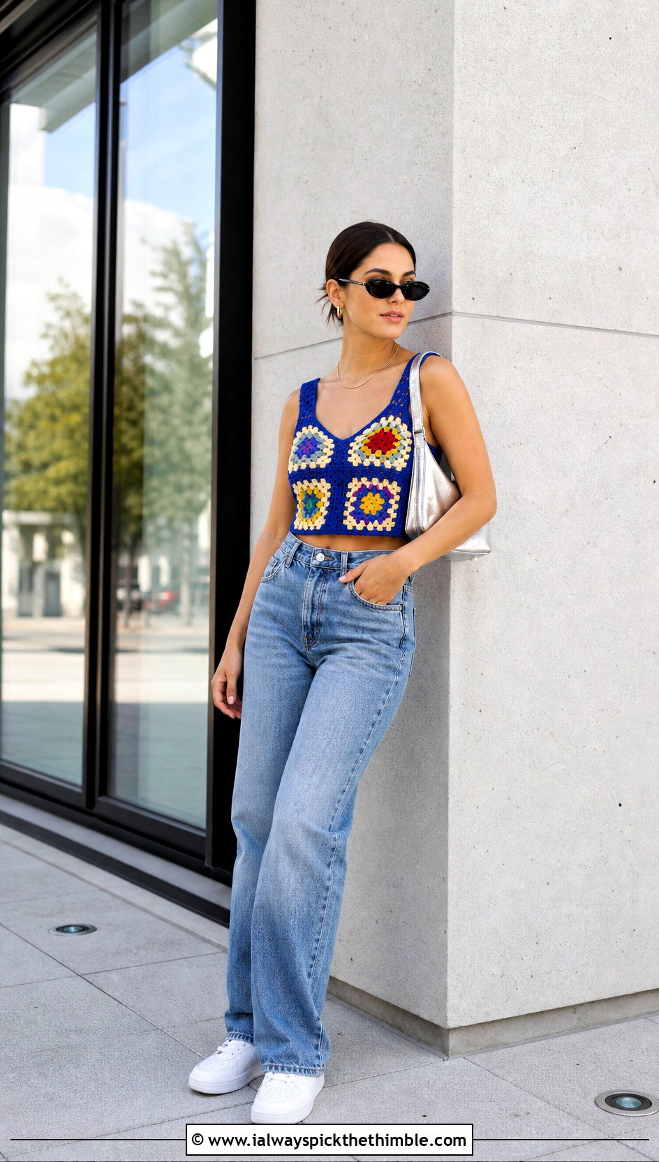 Granny Square Vintage Crochet Crop Top With Straight Leg Jeans - 15 vintage crochet top design outfit ideas