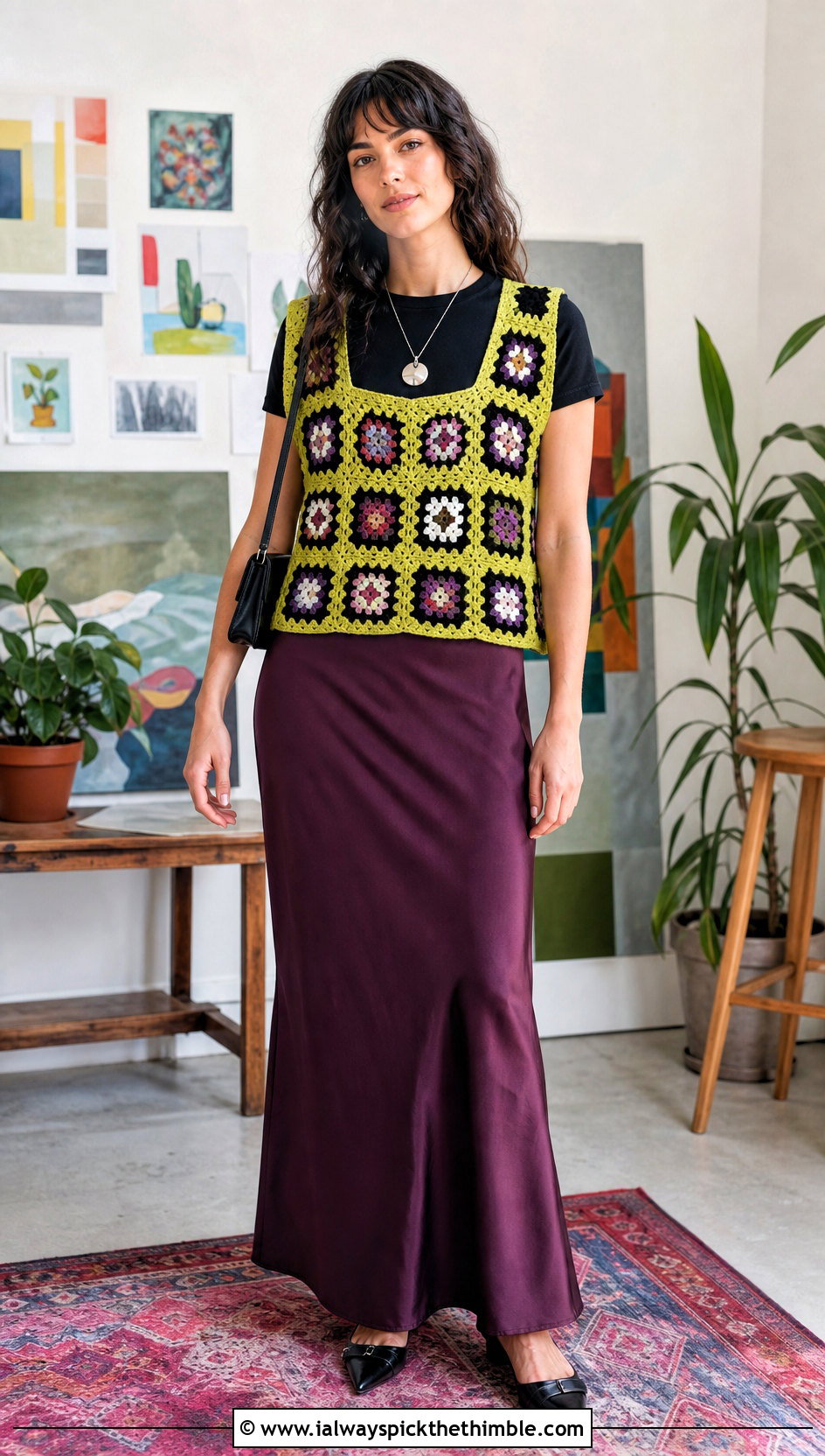 Granny Square Wednesday Crochet Vest With Satin Maxi Skirt - 20 wednesday crochet vest outfit ideas