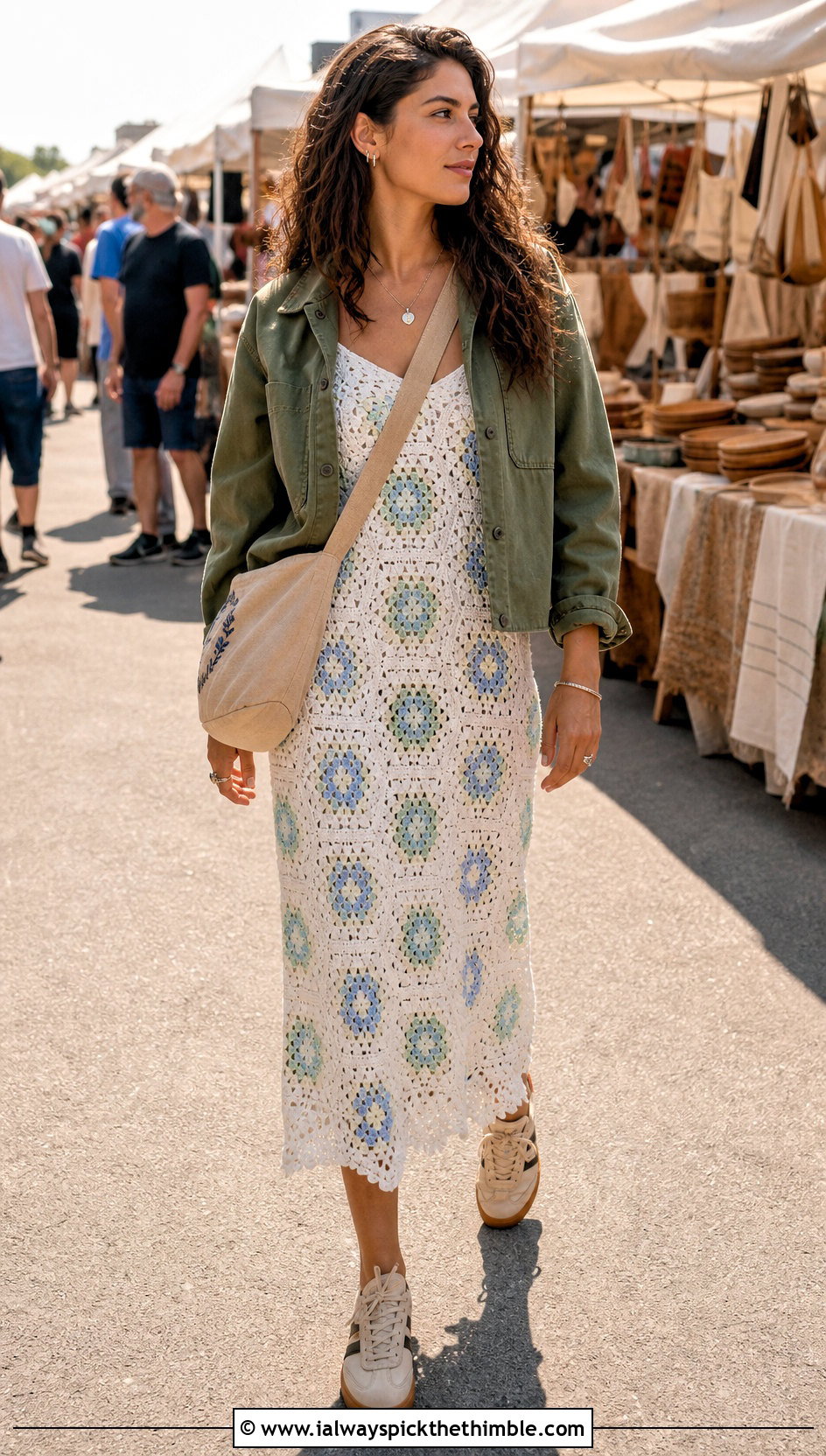 Granny Square White Crochet Midi Dress With Utility Jacket - 20 White Crochet Midi Dress outfit ideas