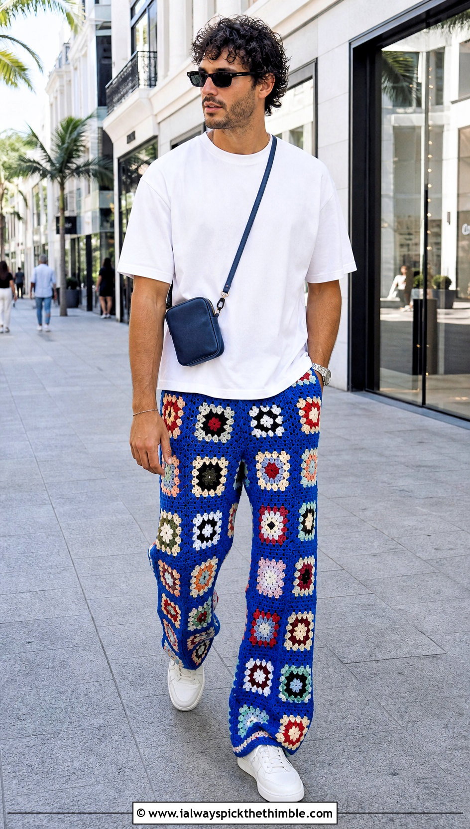 Granny Square Wide Leg Crochet Pants With White T Shirt - 20 mens crochet pants outfit ideas