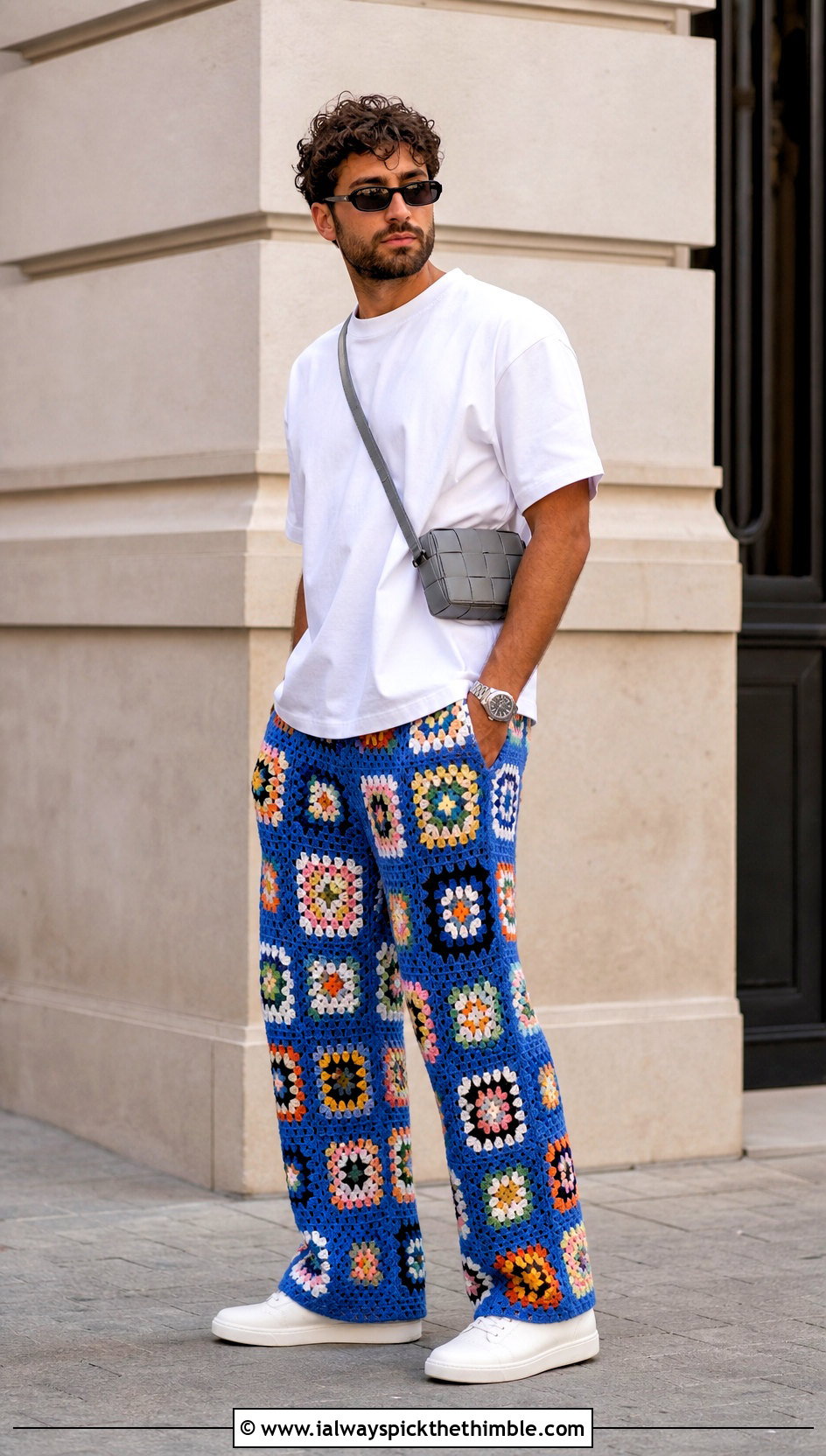 Granny Square Wide Leg Crochet Pants With White T Shirt - 15 crochet men pants outfit ideas