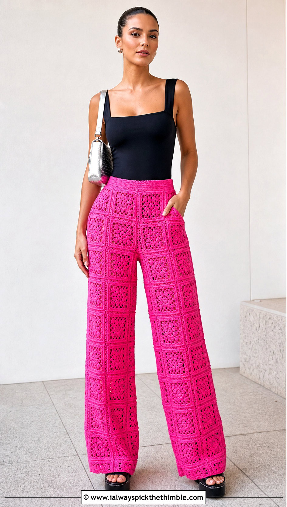 Granny Square Wide Leg Pants With Fitted Tank - 20 Crochet Clothes With Granny Squares outfit ideas