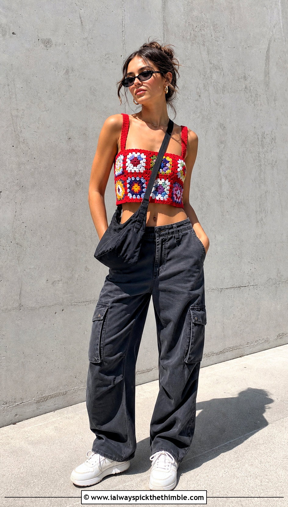 Granny Square Wide Strap Crochet Tube Top With Cargo Pants - 20 Crochet Tube Top With Straps outfit ideas