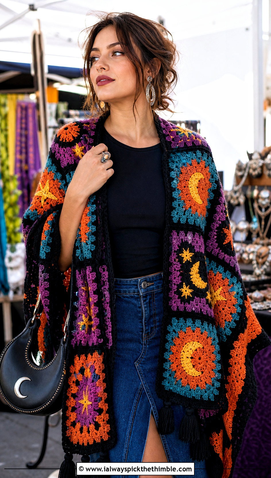 Granny Square Witch Crochet Shawl With Denim Skirt - 15 Witch Crochet Shawl outfit ideas