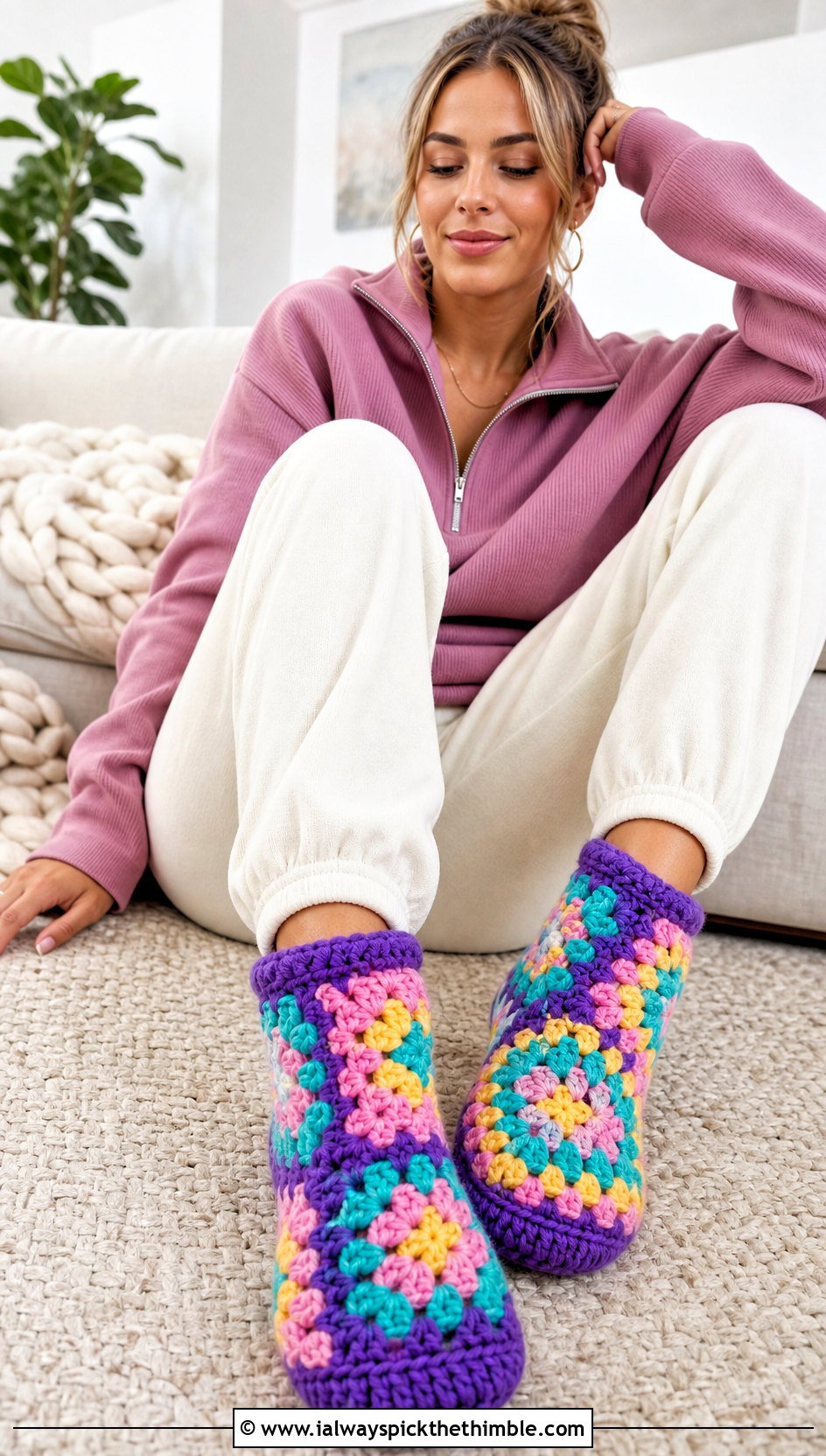 Granny Square Wool Crochet Slipper Socks With Lounge Set - 20 Wool Crochet Sock outfit ideas