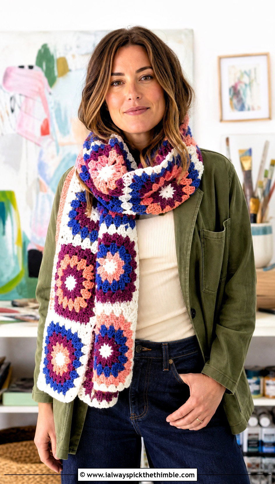 Granny Square Wool Ease Crochet Scarf With Chore Jacket - 15 wool ease crochet scarf outfit ideas