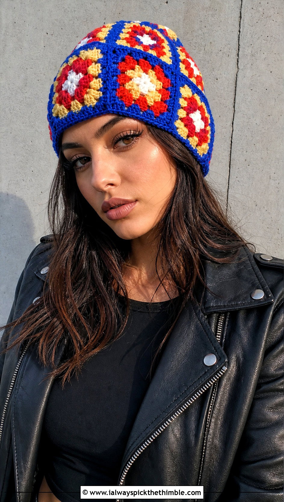 Granny Square Worsted Crochet Beanie With Leather Jacket - 15 Worsted Crochet Beanie outfit ideas