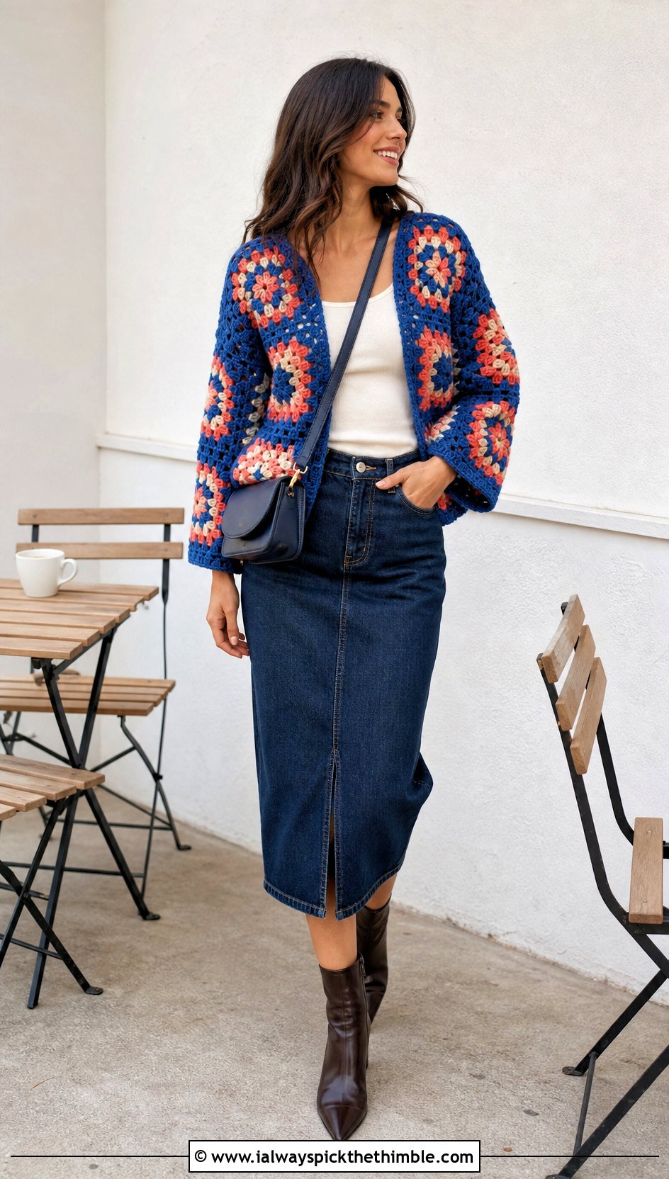 Granny Square Worsted Weight Crochet Cardigan With Denim Midi Skirt - 20 Worsted Weight Crochet Cardigan outfit ideas