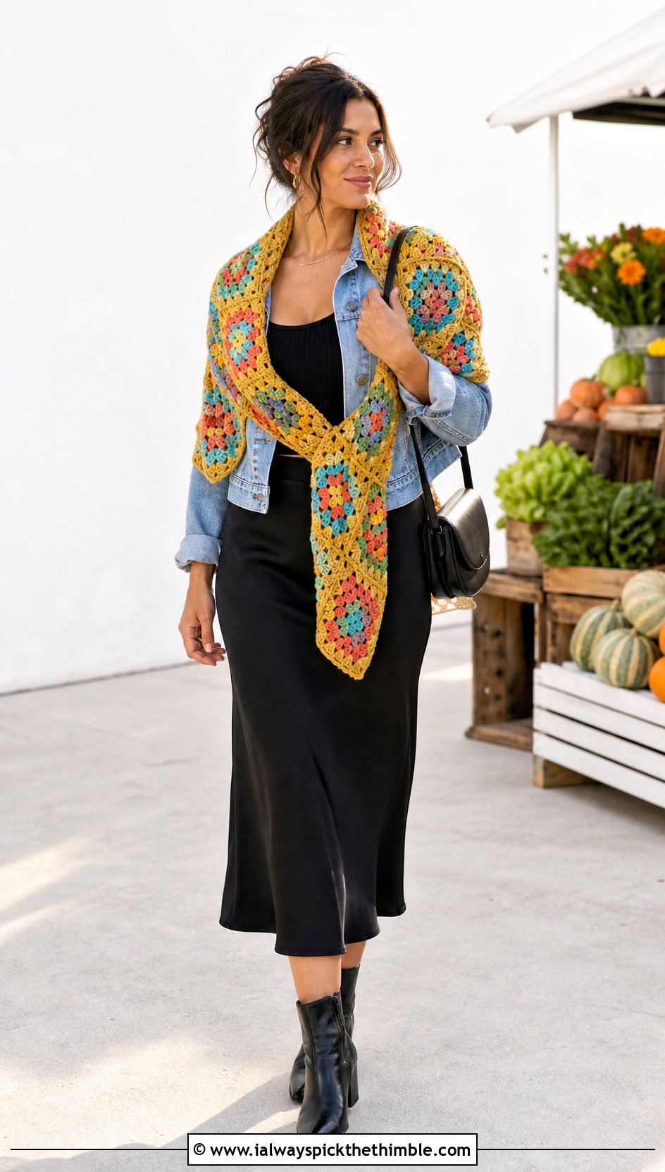 Granny Square Worsted Weight Crochet Shawl With Denim Jacket - 20 Crochet Shawl Worsted Weight Yarn outfit ideas