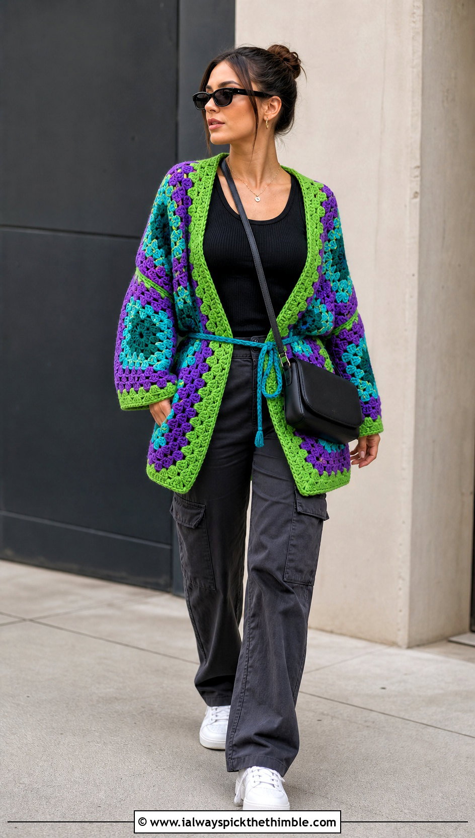 Granny Square Wrap Crochet Cardigan With Cargo Pants - 20 wrap crochet cardigan outfit ideas