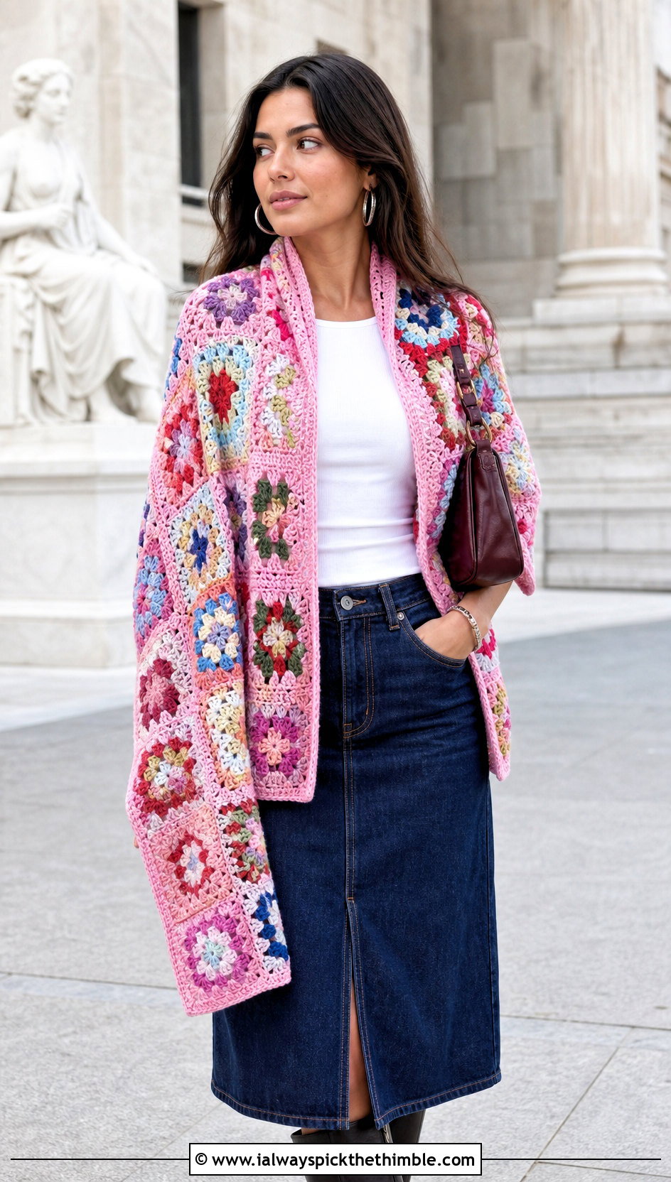 Granny Square Wrap Me Up Crochet Sweater Scarf With Denim Midi Skirt - 15 Wrap Me Up Crochet Sweater Scarf outfit ideas