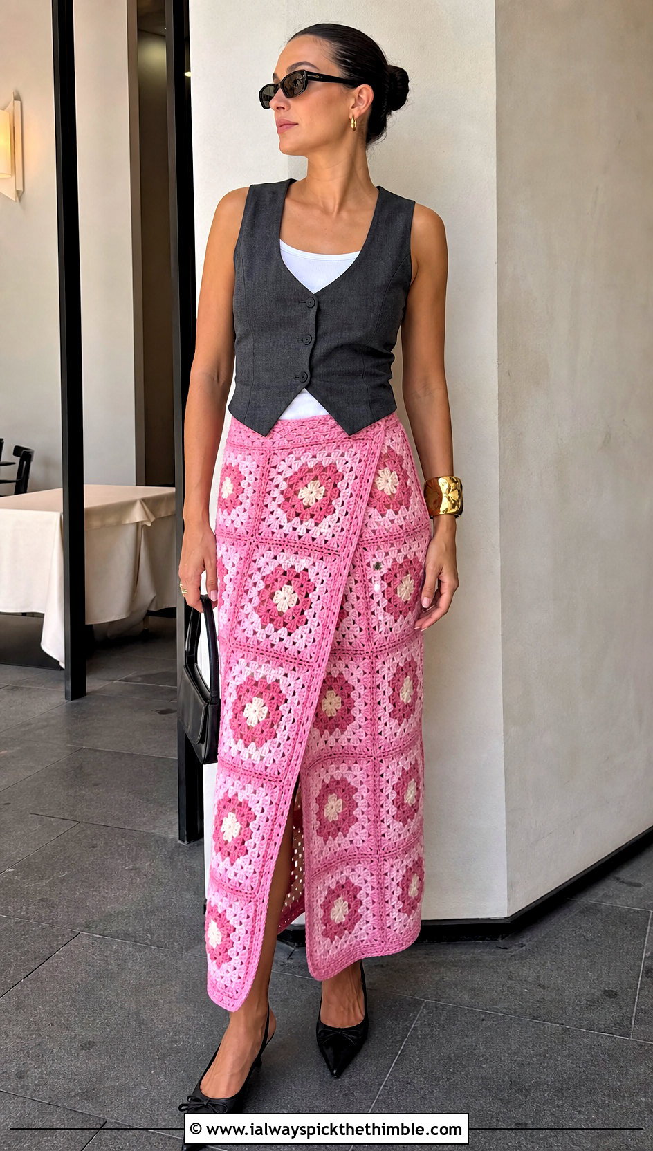 Granny Square Wrap Skirt With Tailored Vest - 20 granny square crochet skirt outfit ideas