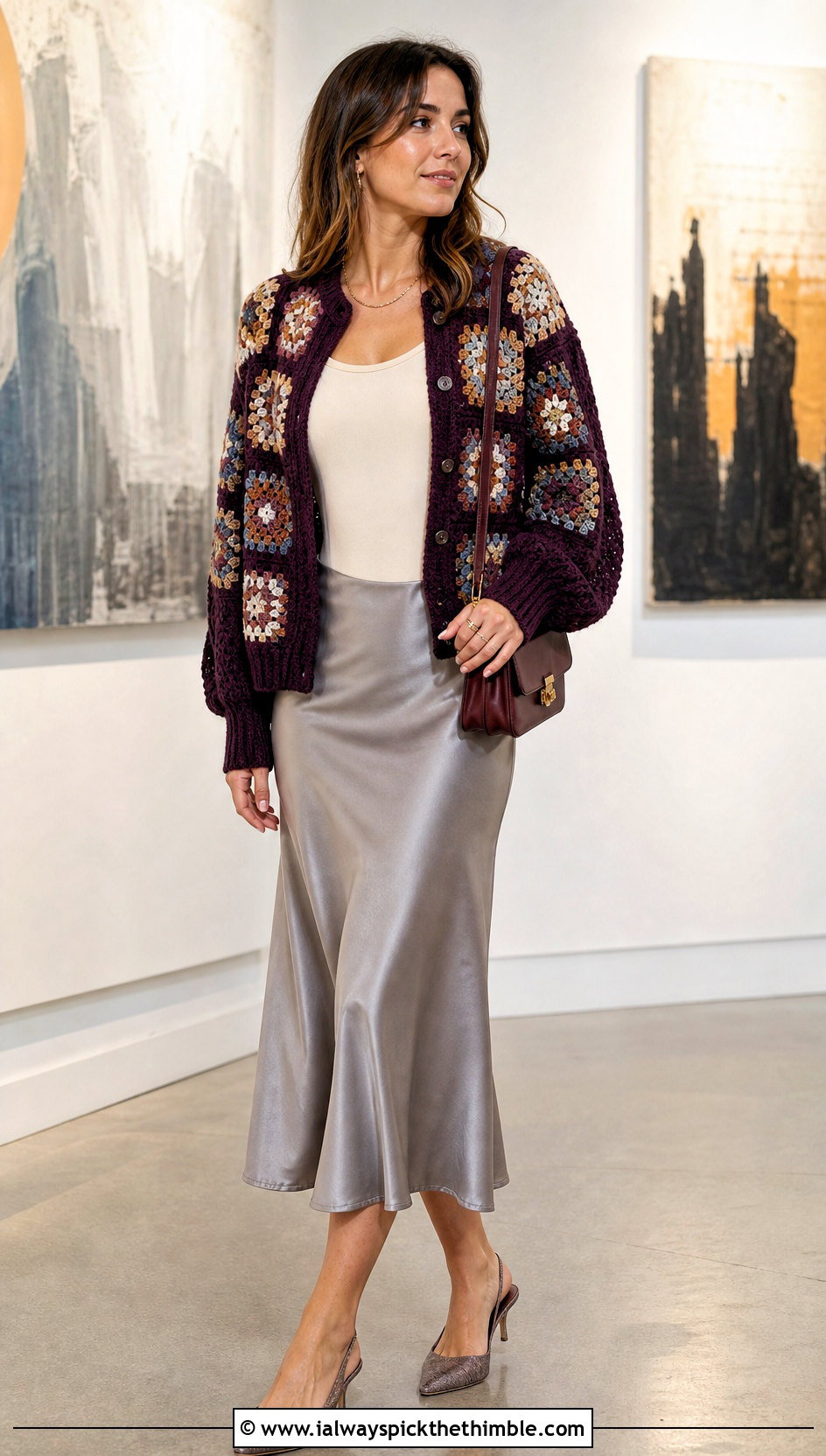 Granny Square Yoke Cardigan With Satin Midi Skirt - 20 Crochet Yoke Cardigan outfit ideas