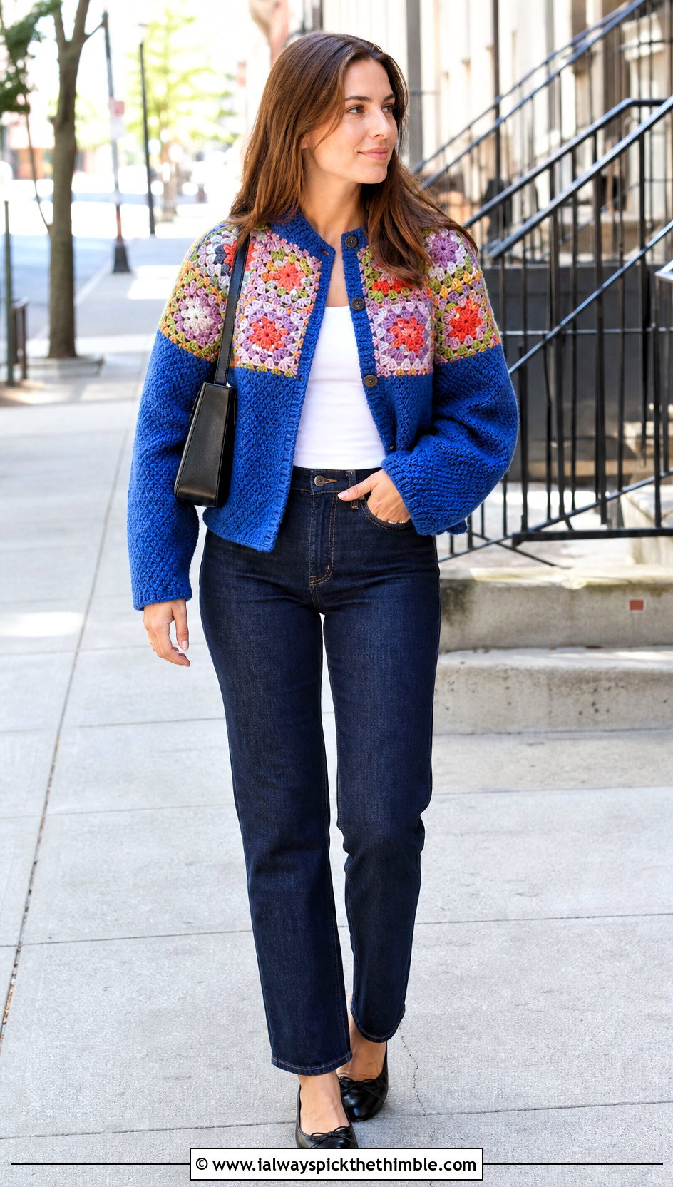Granny Square Yoke Cardigan With Straight Leg Jeans - 20 crochet granny squares cardigan outfit ideas