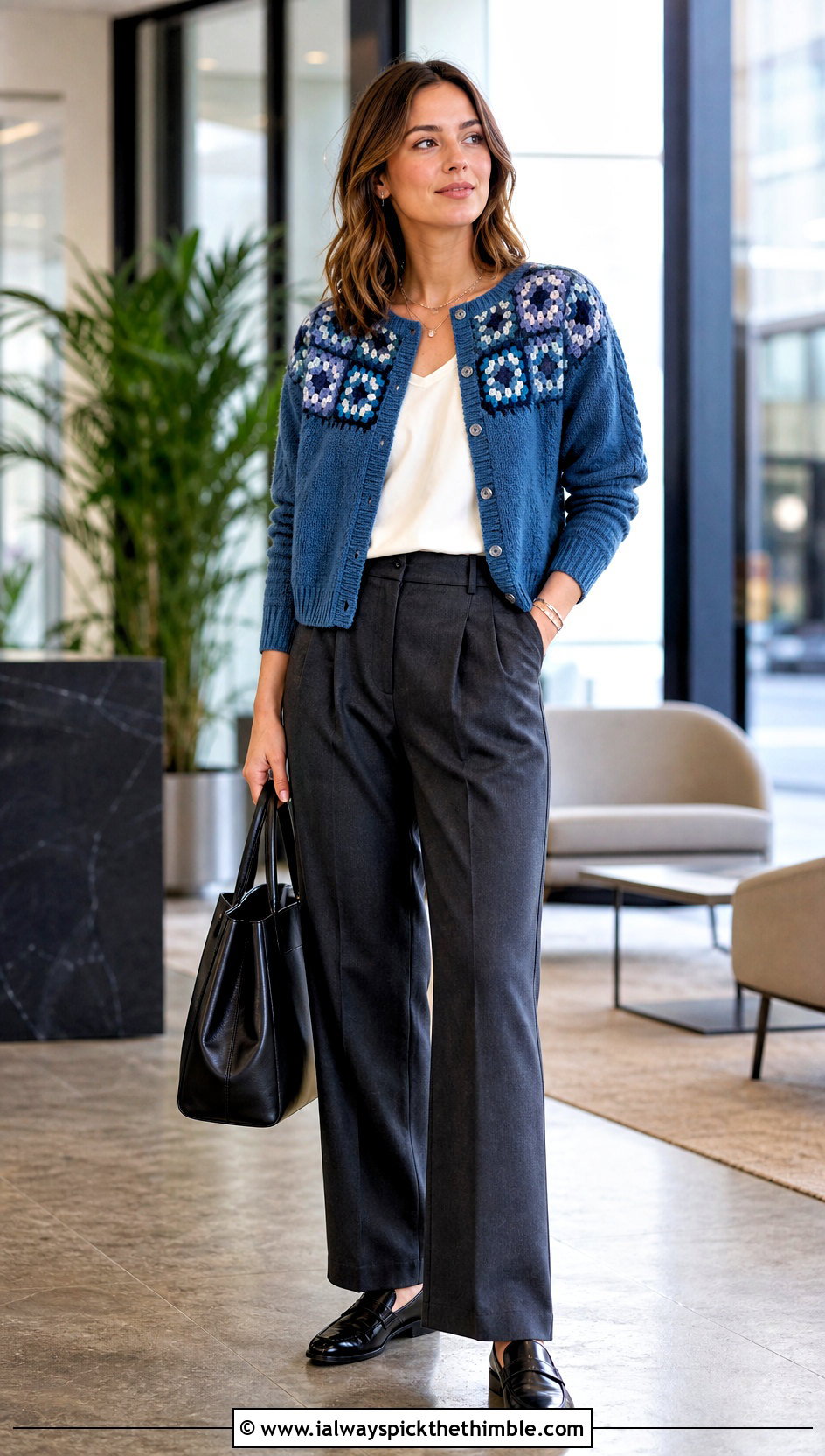 Granny Square Yoke Cardigan With Tailored Trousers - 20 granny squares cardigan outfit ideas