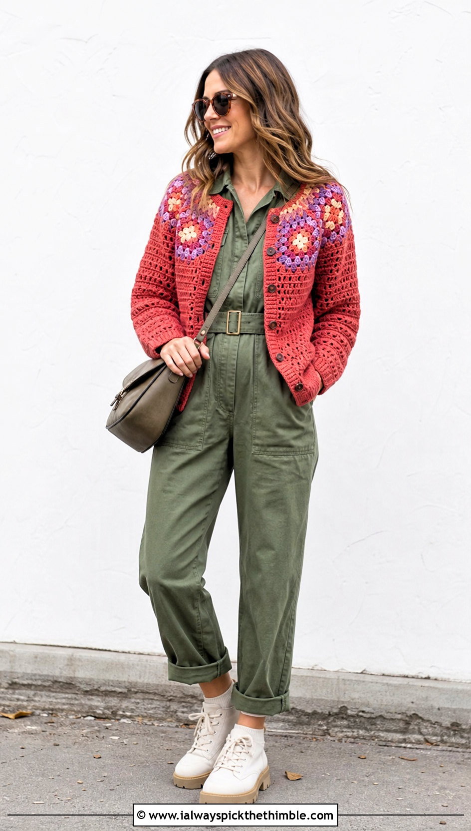 Granny Square Yoke Cardigan With Utility Jumpsuit - 20 Crochet Fall Granny Square Cardigan outfit ideas