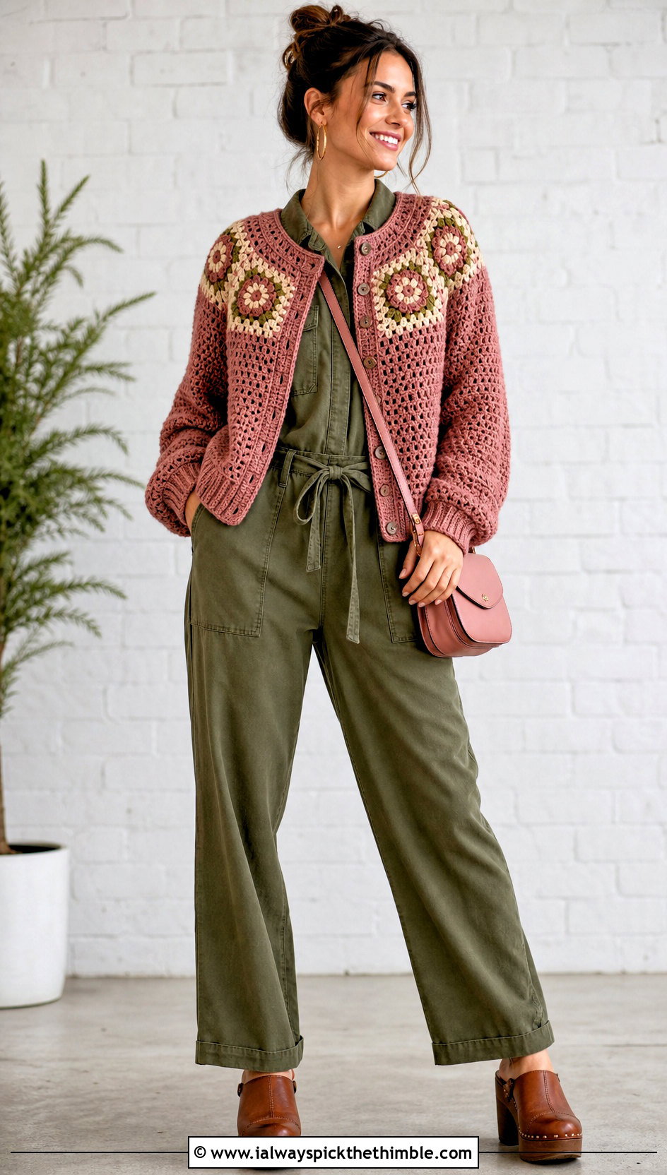 Granny Square Yoke Cardigan With Utility Jumpsuit - 15 Everyday Granny Square Cardigan outfit ideas
